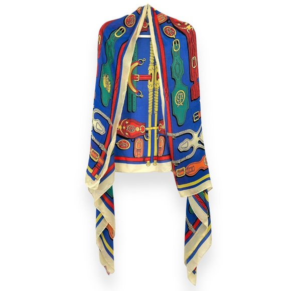 Vintage Multicolor Blue Cream Hermes Style Printed Oversized Silky Wrap Scarf - Picture 2 of 4
